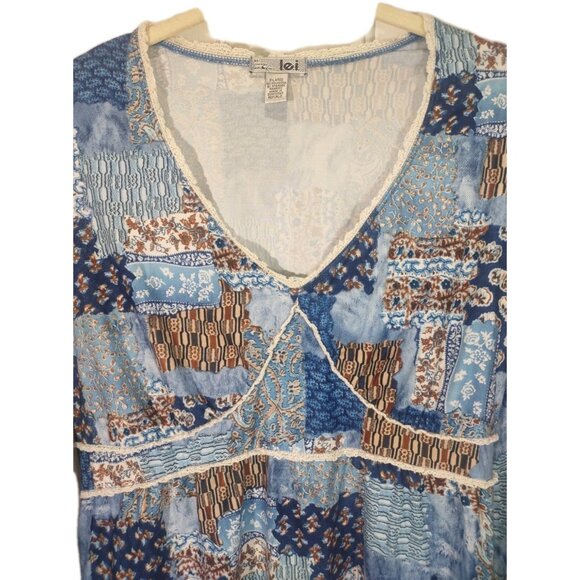 VTG Y2K L.E.I. Patchwork Printed Babydoll Long Sleeve Boho Western Fairy Sz XL - Picture 3 of 5